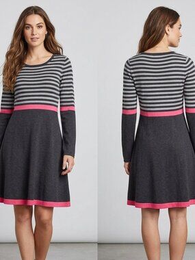 Eliza J Striped Sweater Dress Large Gray & Pink Fit & Flare Knit Long Sleeve